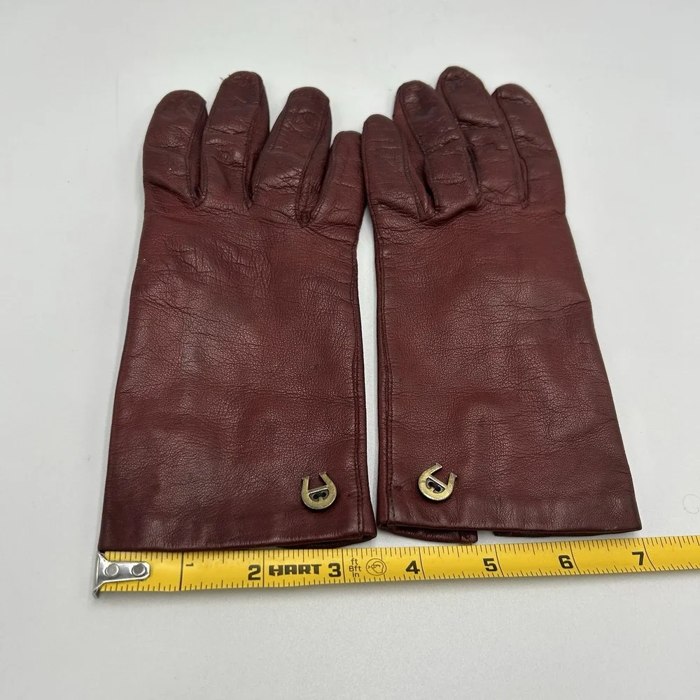 Vintage Etienne Aigner Burgundy Leather Gloves Women Size 7 Italy Horseshoe Logo